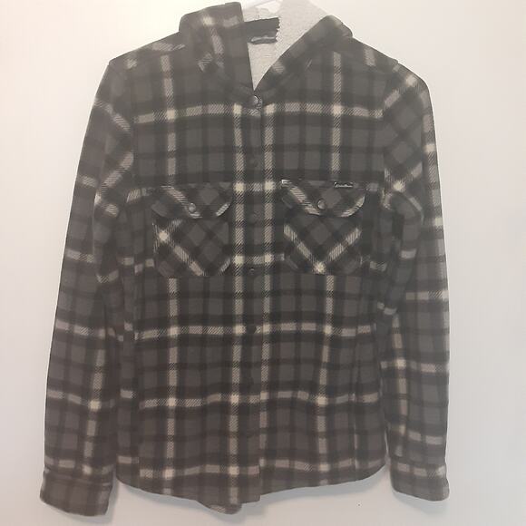 Eddie Bauer Mens Size XS Gray Plaid Fleece Sherpa Lined Snap Hoodie Shirt Jacket - Picture 1 of 7